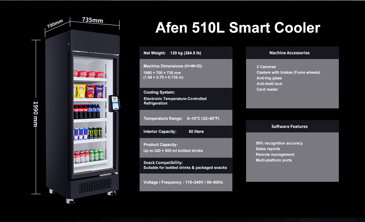 AFEN Smart Cooler AI Vending Machine 510L Dimensions and Capacity High-density storage capacity of AFEN AI vending machine maximizing retail ROI in a compact footprint